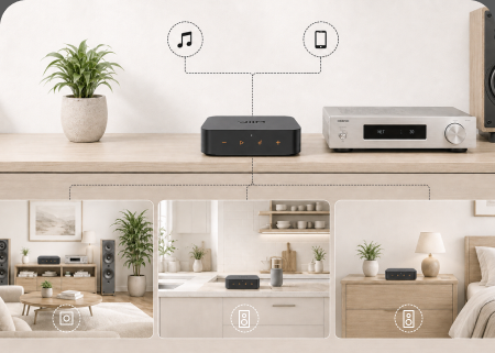 WiiM Pro connecting audio systems across several rooms