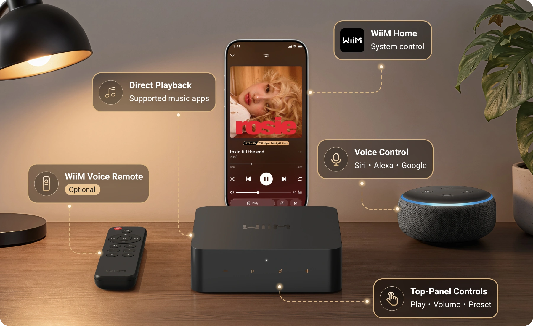WiiM Pro Plus controlled through WiiM Home, direct playback, voice assistants, top-panel controls, and the included Voice Remote