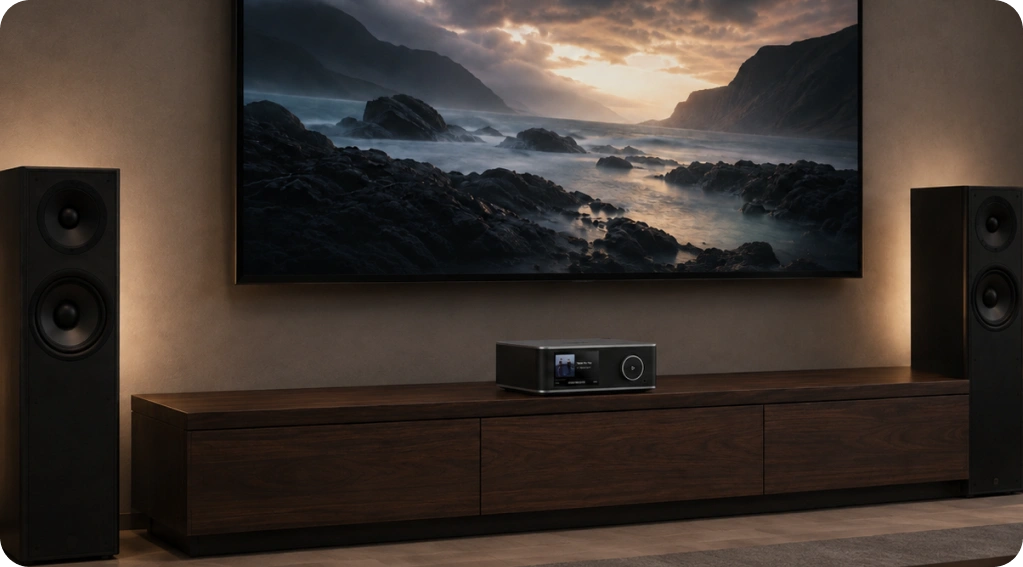 WiiM Ultra under a TV with floorstanding speakers
